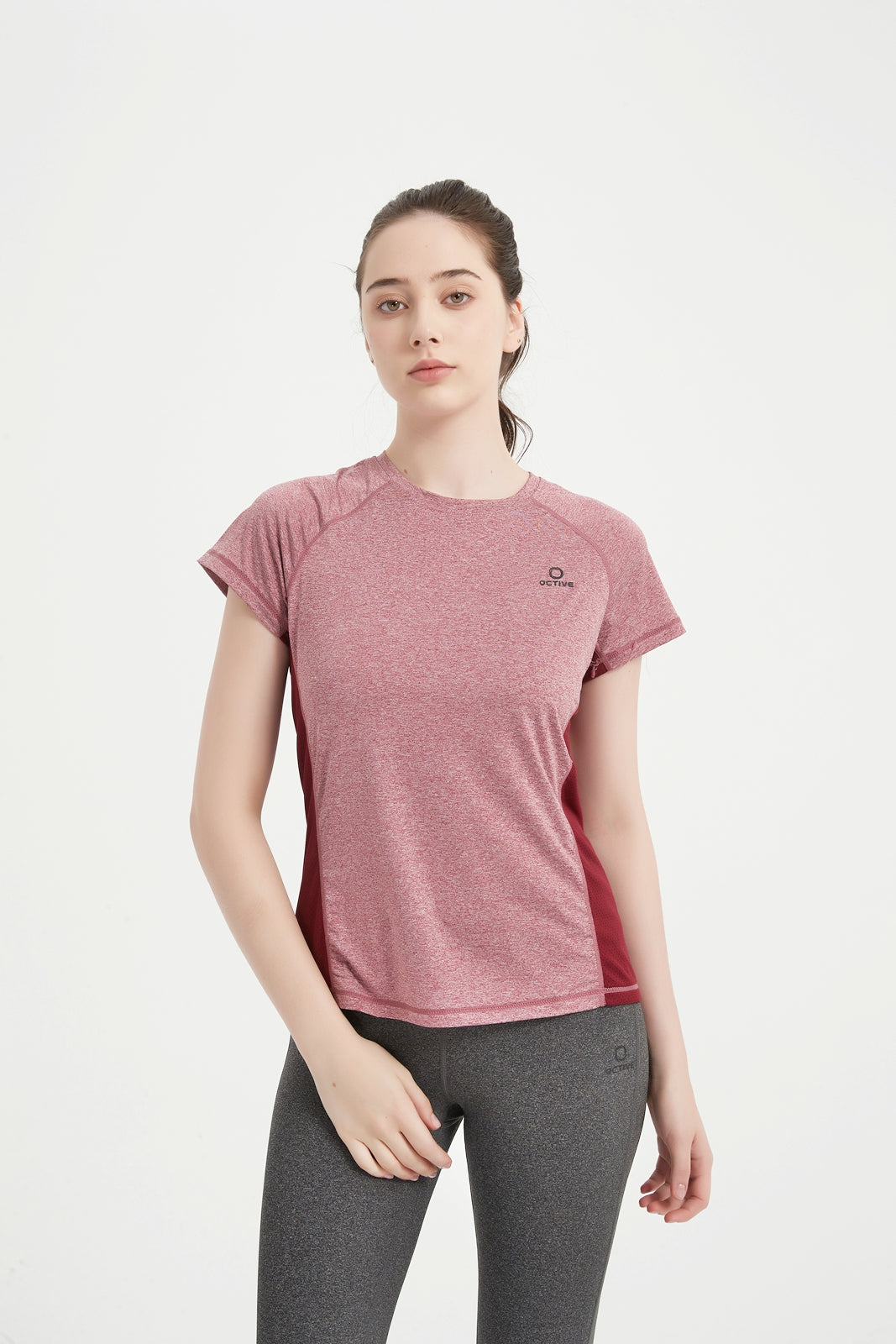 Women's Short Raglan Sleeve Crew Neck Mesh Panel T-Shirt