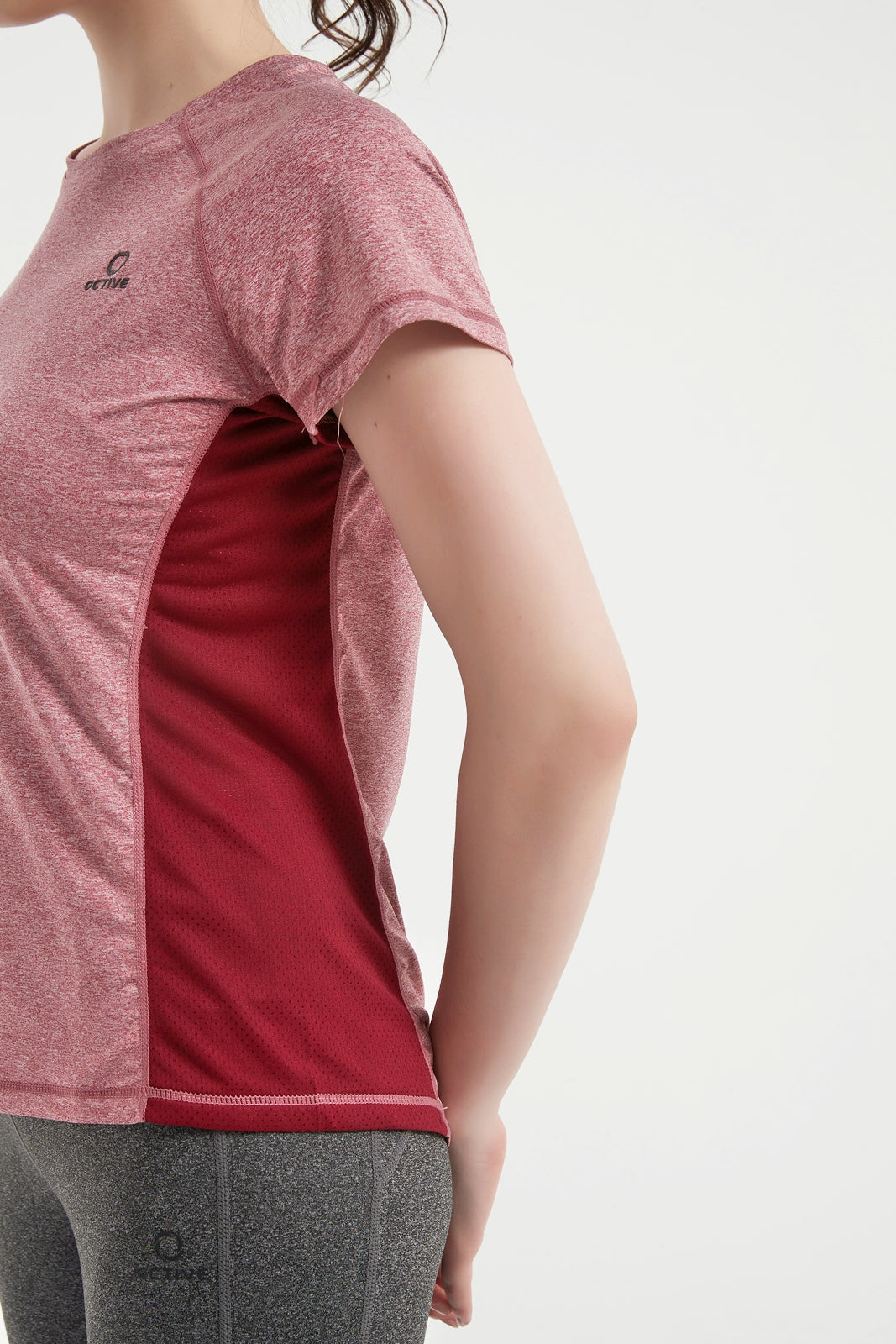 Women's Short Raglan Sleeve Crew Neck Mesh Panel T-Shirt